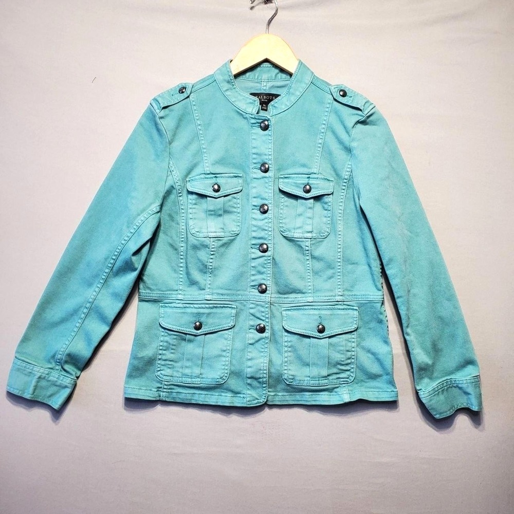 Talbots Petite Utility Jacket Women MP Blue Military Twill Pockets Costal Spring